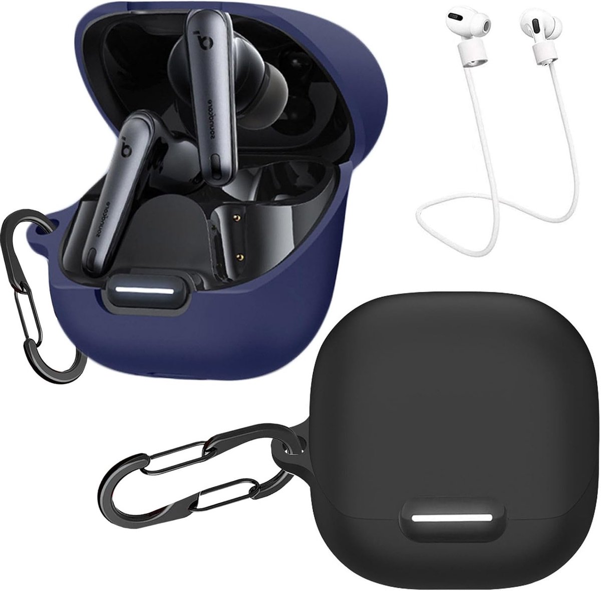 2-Pack Beschermhoes voor Soundcore Liberty 4 NC met 2 Karabijnhaken en 2 Anti-Verlies Lussen, Ultra Dun Shockproof Silicone Oplossing voor Oordopjes - Zwart Blauw