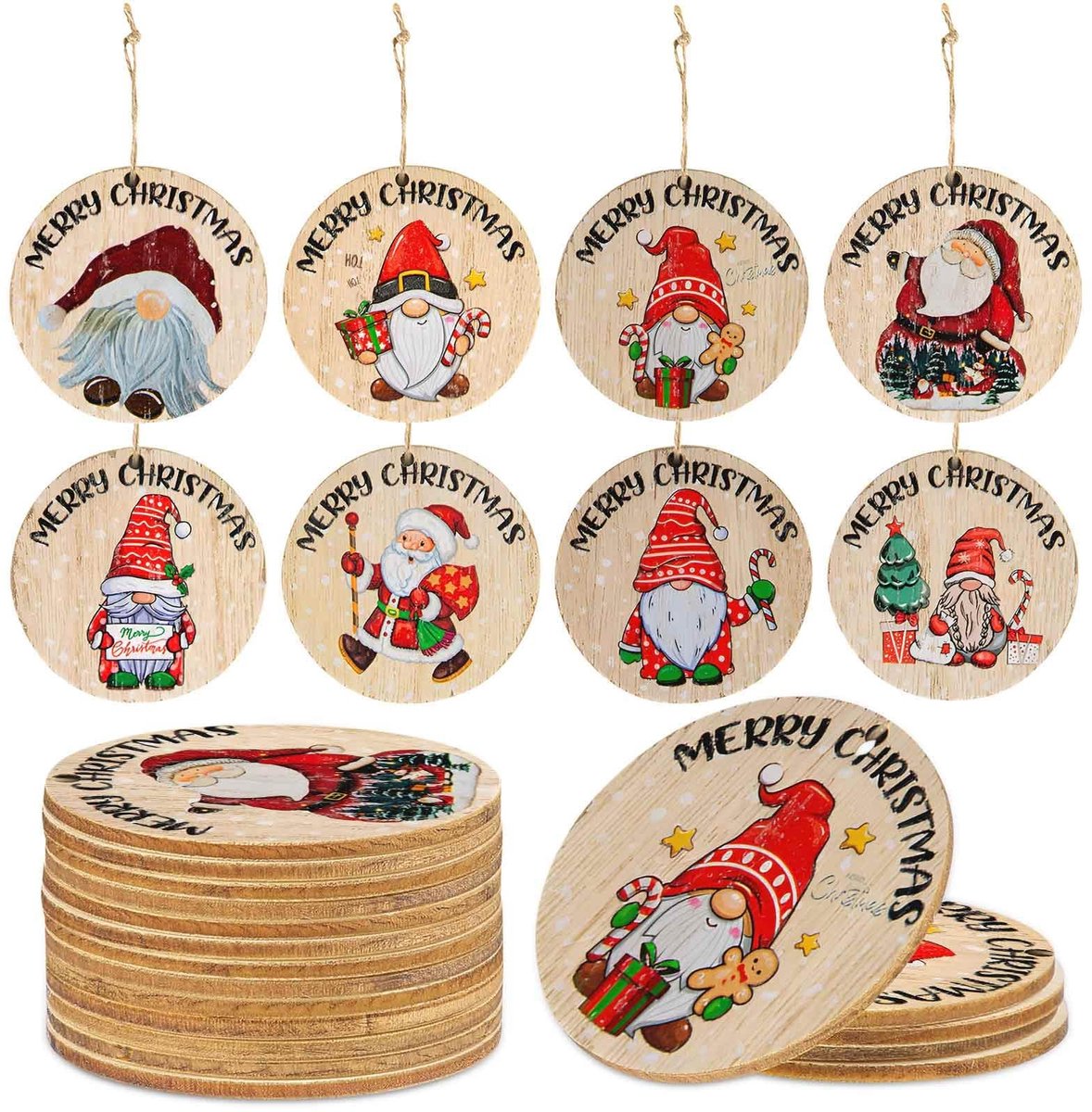 Dailygoods - Dailygoody - Kersthangers voor boom - Houten kerstballen - 24 stuks - 8 stijlen - Kerstboomversiering - Kunsthandwerk - Geschikt voor Kerstmis