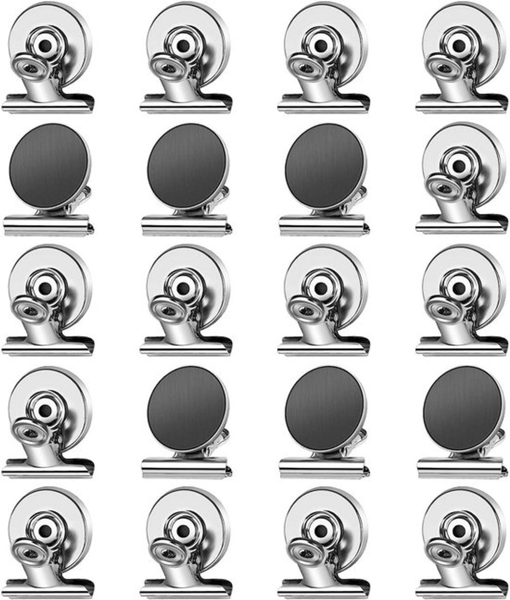 Verpakking van 20 magnetische clips, koelkastmagneten, extra sterke koelkastmagneten, whiteboardmagneten, krasbestendige metalen magneetclips, geschikt voor koelkasten, whiteboards, keukens en kantoren.