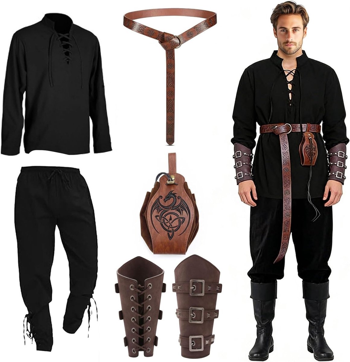 Compleet middeleeuws kostuum voor mannen, inclusief shirt, broek, riem en accessoires voor carnaval, cosplay en Halloween evenementen