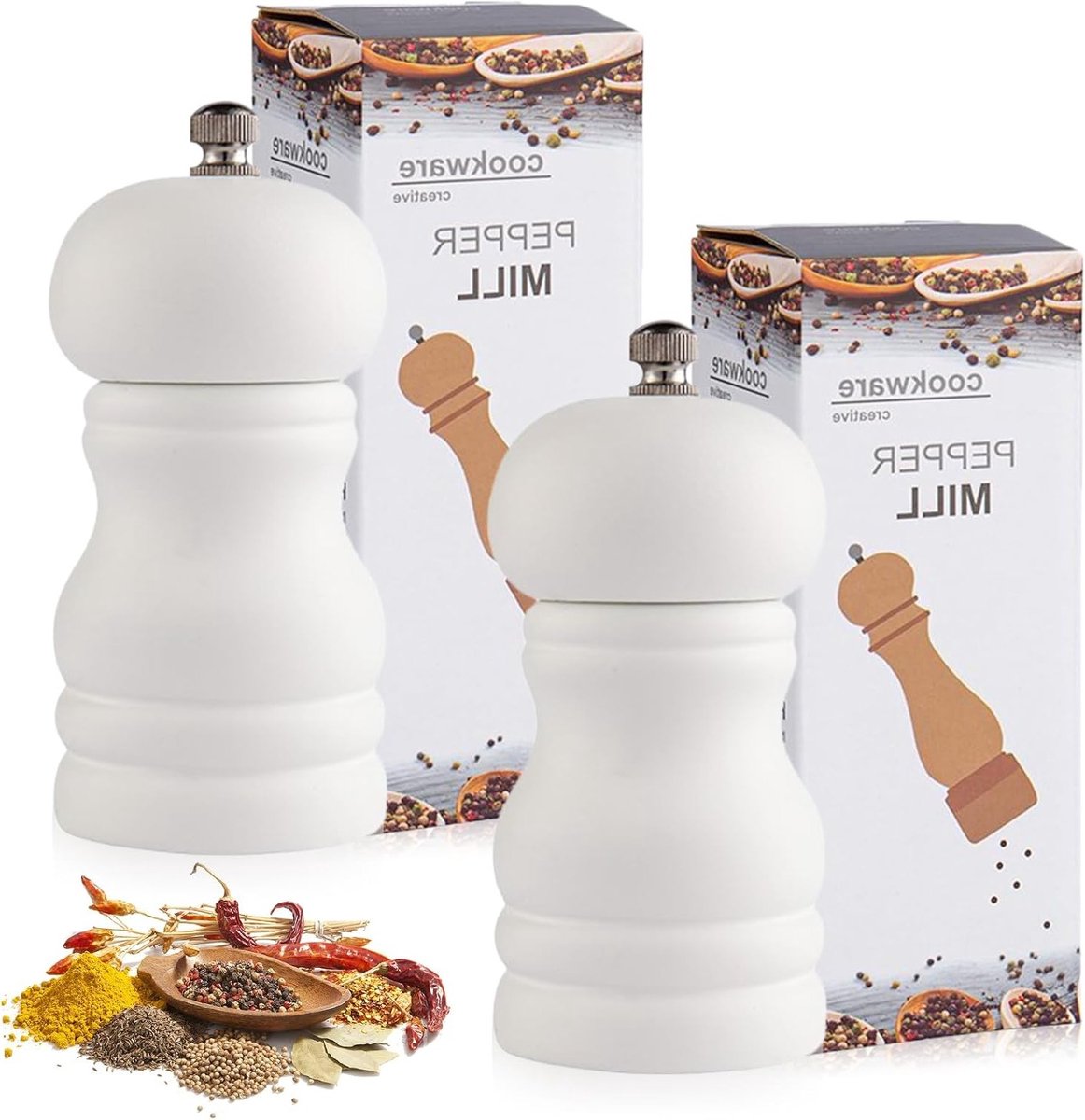 Set van 2 Houten Pepermolens en Zoutmolens, Handmatige Kruidenslijpers, Verstelbare Keramische Maalmechanisme, 13.5 cm, Navulbaar en Duurzaam