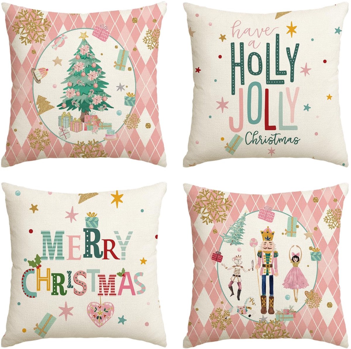 Dailygoods - Dailygoody - Roze Diamant Plaid - Vrolijk Kerstfeest - Set van 4 - Kussenslopen 45 x 45 cm - Woonkamer Decoratie - Machinewasbaar