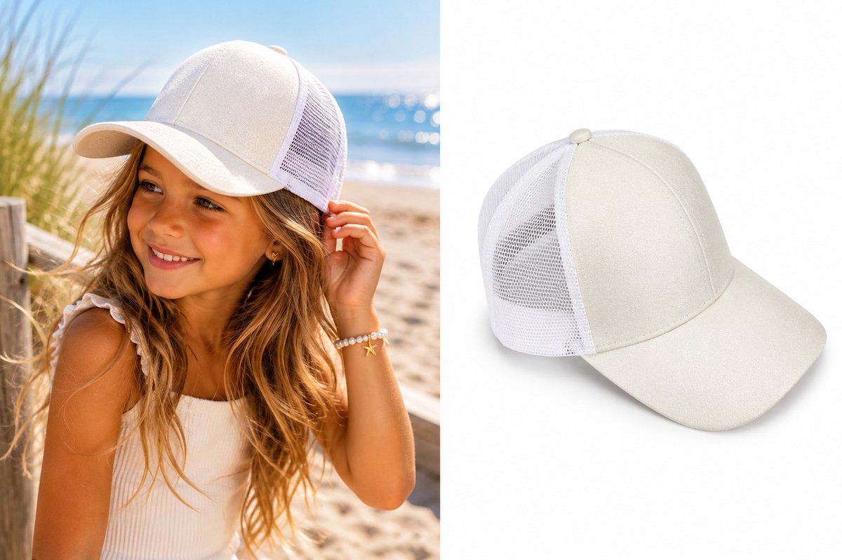 Meisjes Pet Glitter Off-White – Verstelbare Baseball Cap met Opening voor Staartje – 5-10 Jaar