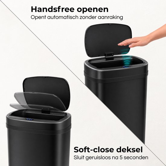 Zwarte sensor prullenbak met handsfree openen en soft-close deksel die geruisloos sluit.