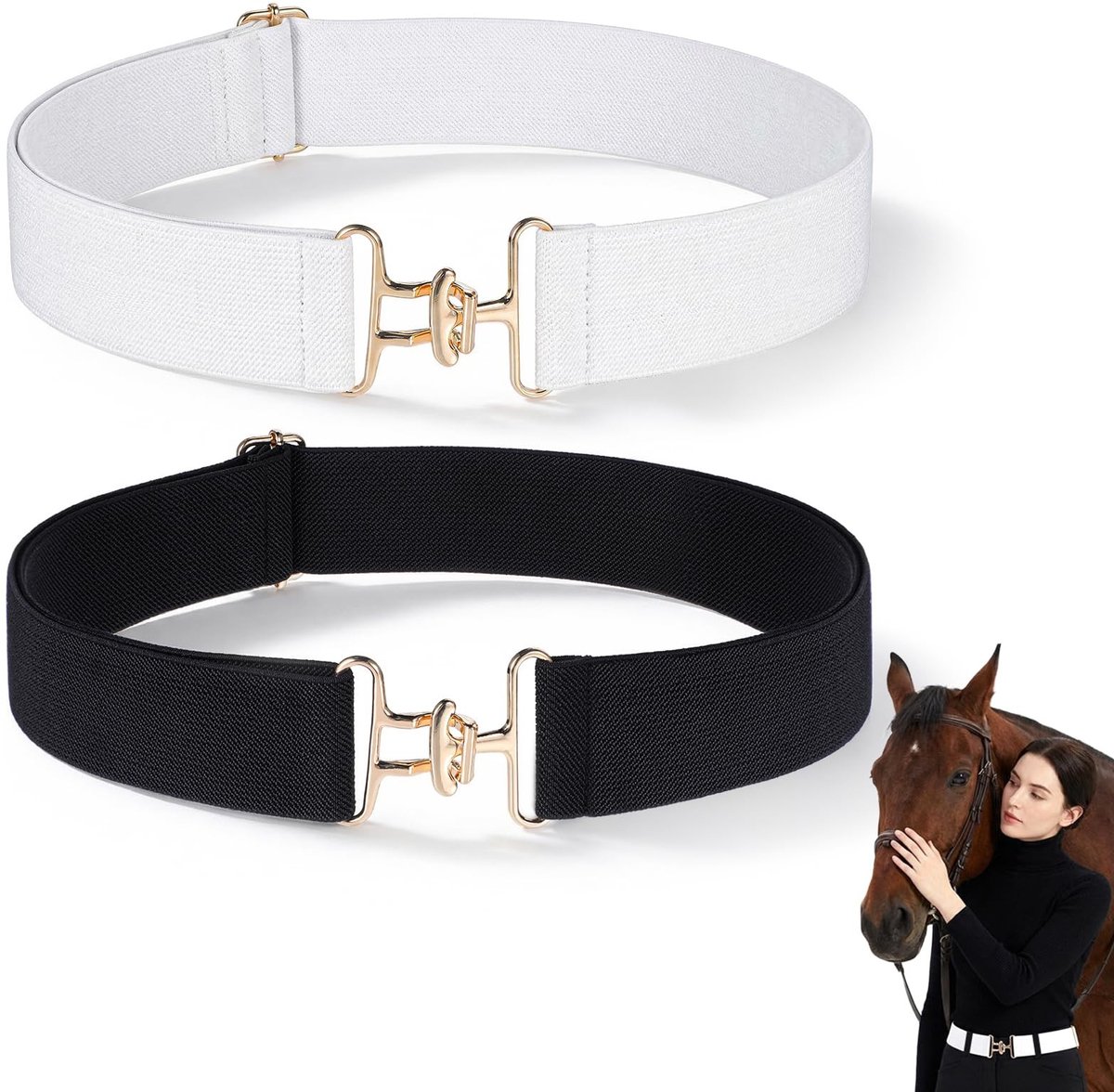 Dailygoods - Dailygoody - Rijriem - Elastisch - 2 stuks - Wit en zwart - Paardensport - Geschikt voor dames - 3,8 cm breed