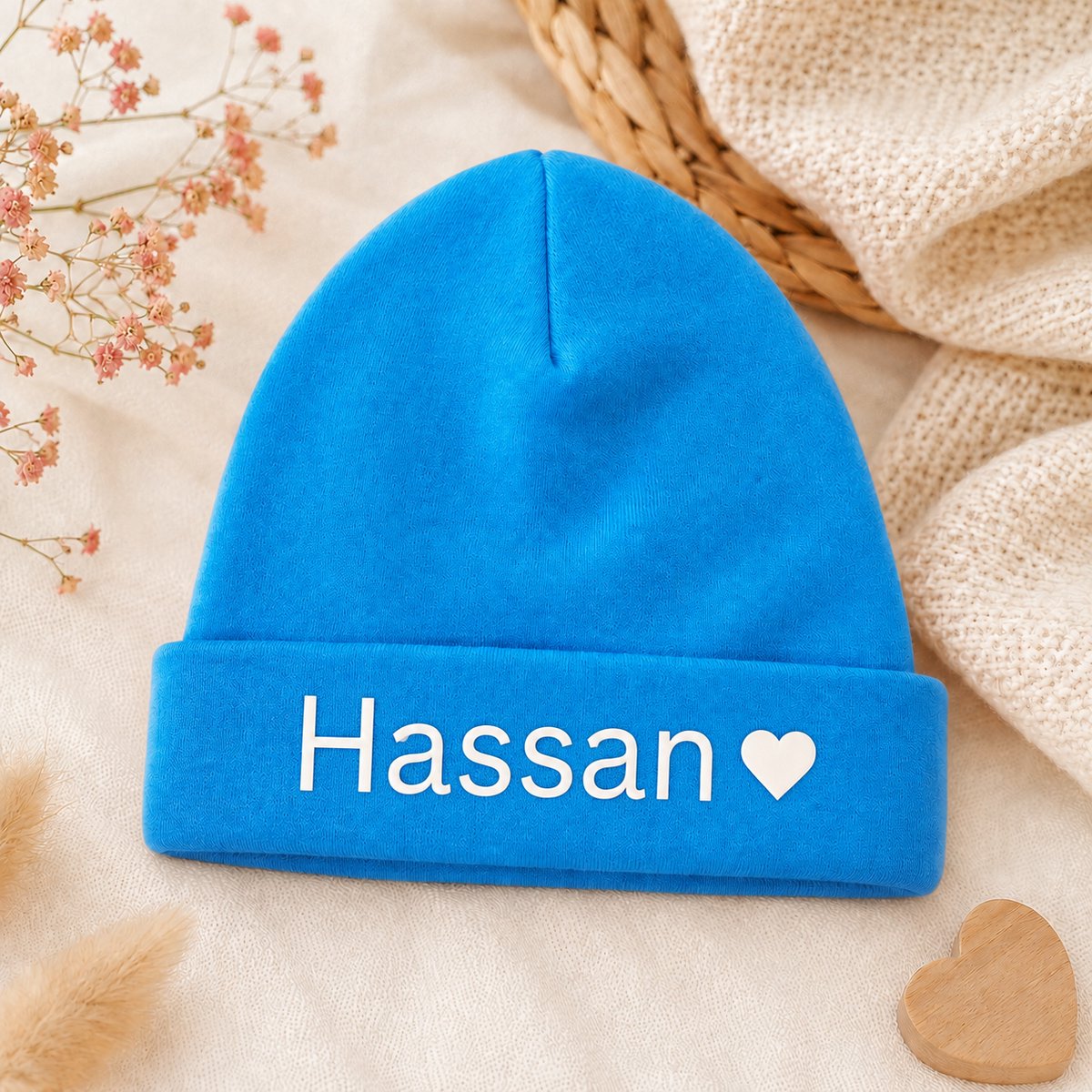 Babymutsje met Naam blauw – Gepersonaliseerd Newborn Mutsje blauw – Kraamcadeau Baby – Blauw Jongens