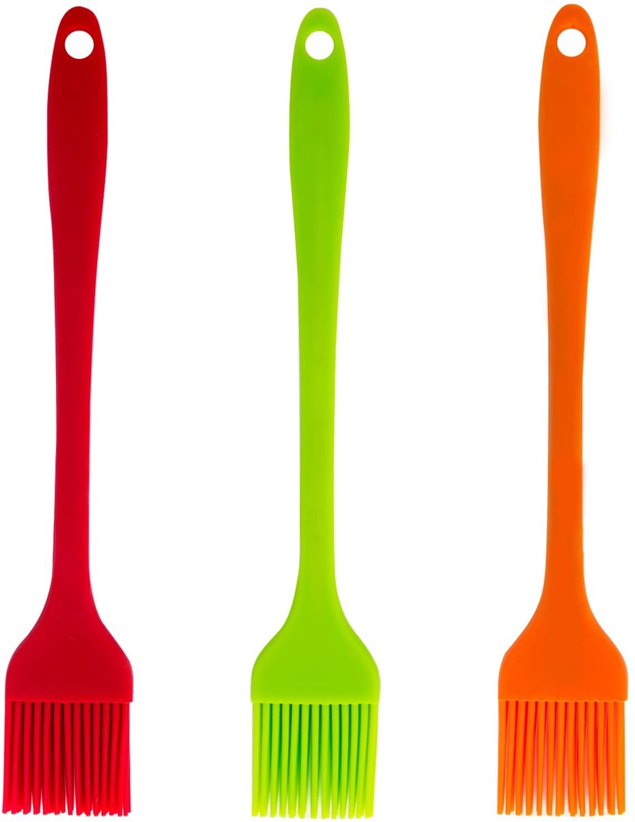 Dailygoody - Gebakborstels - Siliconen Bakborstel - Vaatwasserbestendig - Rood Oranje Groen - Olieborstel - Set van 3 - Geschikt voor Bakken Grillen