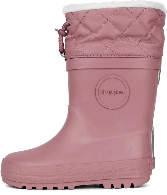 Roze regenlaars met doorgestikte, gewatteerde schacht, witte teddy voering en reflecterende details.