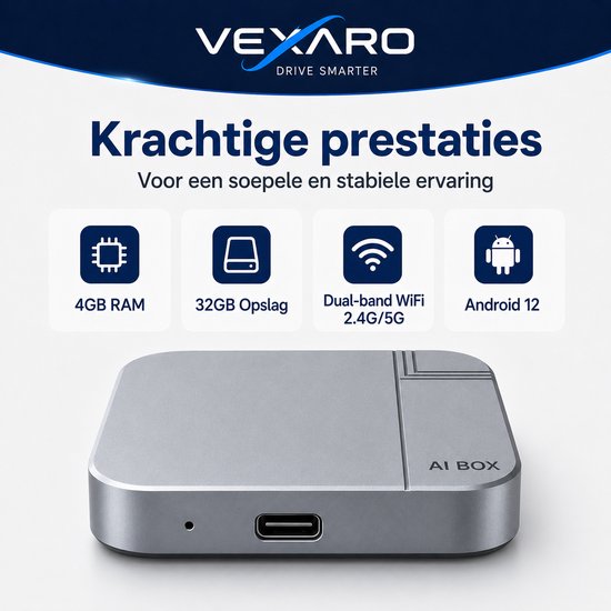 VEXARO AI Box 4GB + 32GB - Wireless CarPlay & Android Auto Adapter - Android 12 Multimedia Box - YouTube Netflix TikTok - USB-C - Voor auto’s met bedrade CarPlay/Android Auto — afbeelding 3