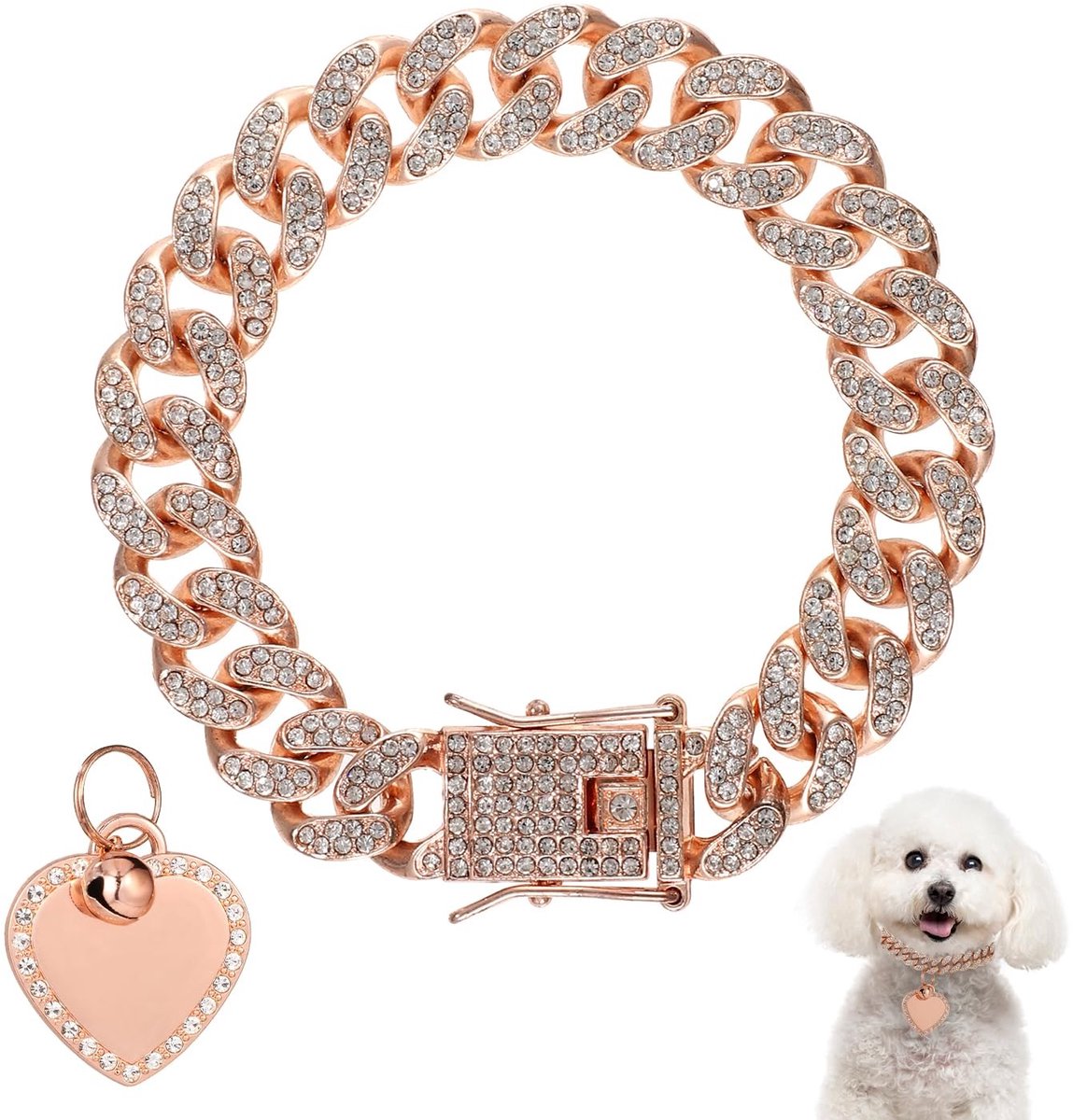 Dailygoods - Dailygoody - Hondenhalsband - Strass Bling - Roségoud - Hartvormige Hondenpenning - Diamant Ketting - Geschikt voor Kleine en Middelgrote Honden en Ka