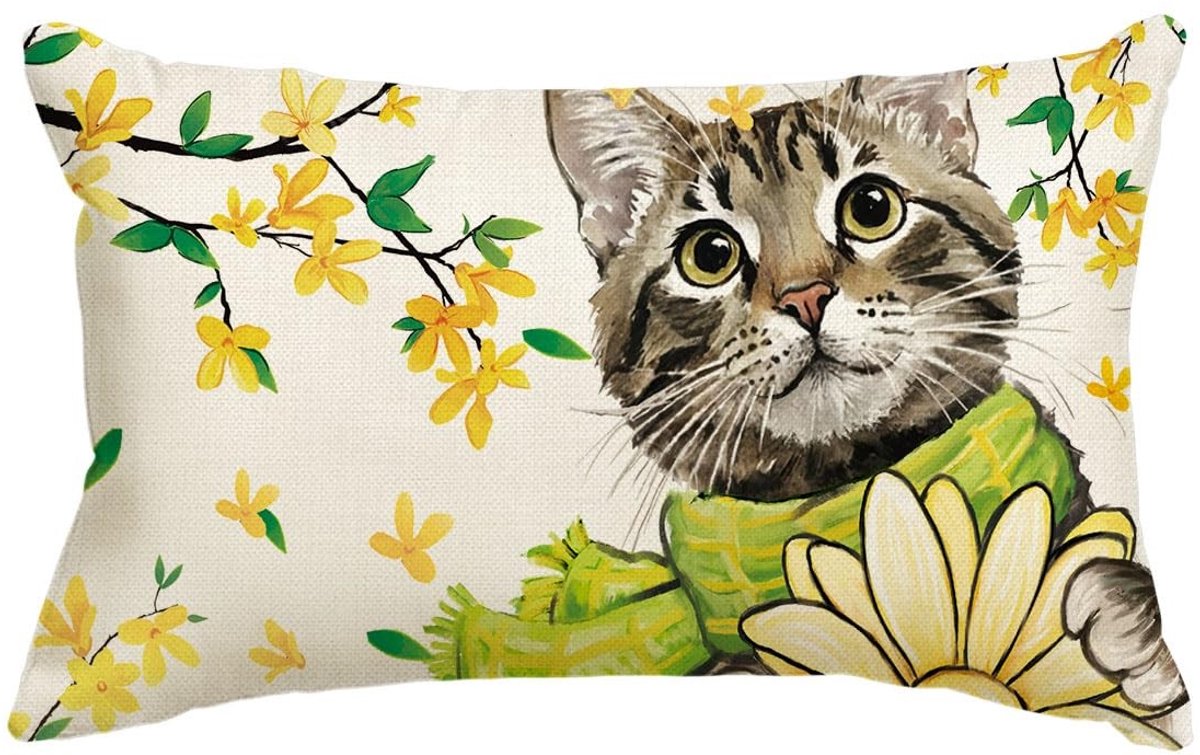 Dailygoods - Dailygoody - Kussenhoes - Kat met bloemen - Ultrazacht en modern - 30 x 50 cm - Sierkussensloop voor woonkamer - F-bloemen kat