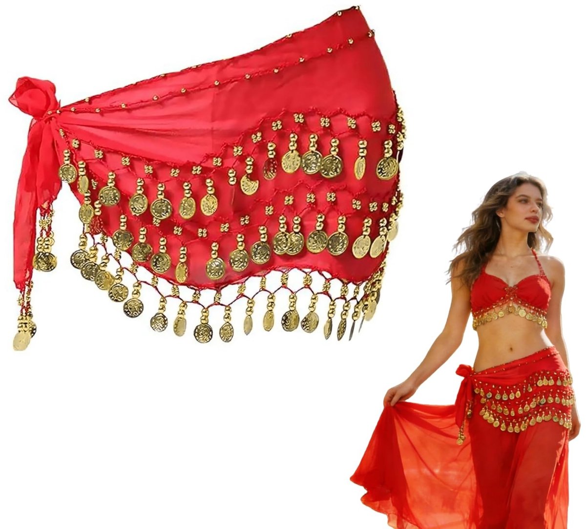 Dailygoods - Dailygoody - Buikdansriem - Buikdanskostuum - Zacht en ademend - Rood - Heupdoek met munten - Perfect voor buikdansen - One size