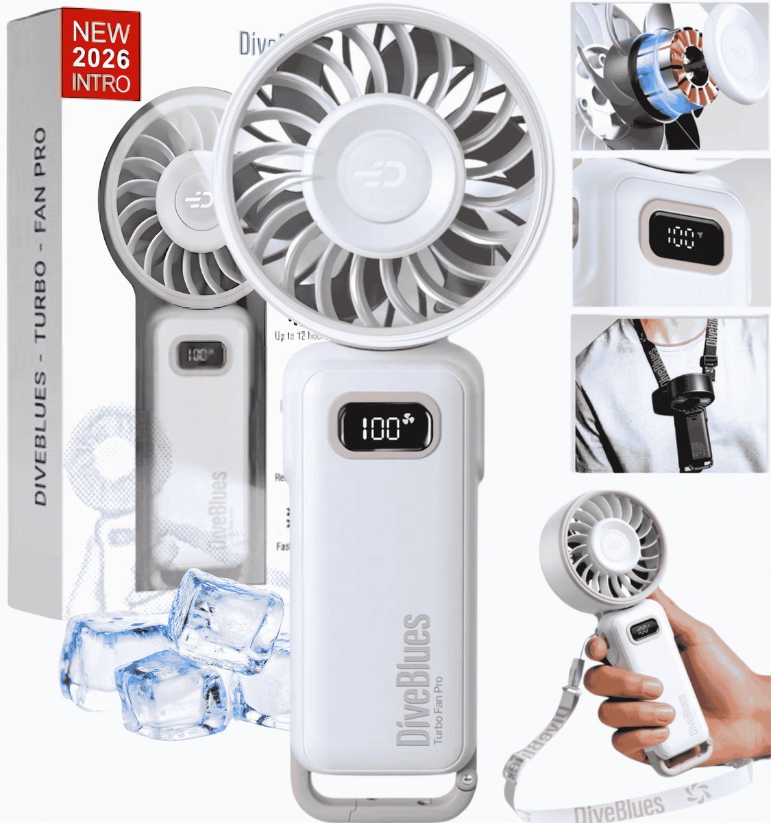 Diveblues® Oplaadbare Mini Handventilator AIR 100 – Krachtige High Speed Airflow – 100 Snelheden – LED Display – Tot 12 uur gebruik - Koelt écht