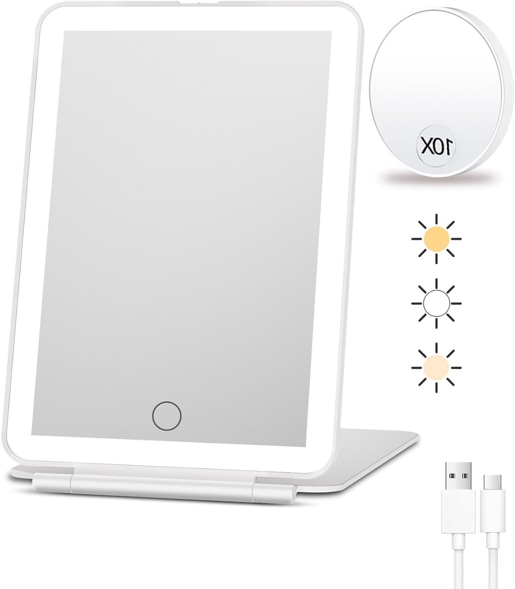 Oplaadbare Reismakeup Spiegel met Verlichting, 10x Vergrotende Spiegel, Draagbare Lichtgevende Makeup Spiegel met 80 LED, 2000 mAh Accu, 3 Kleuren Verlichting, Touch Dimming en Tafelmodel