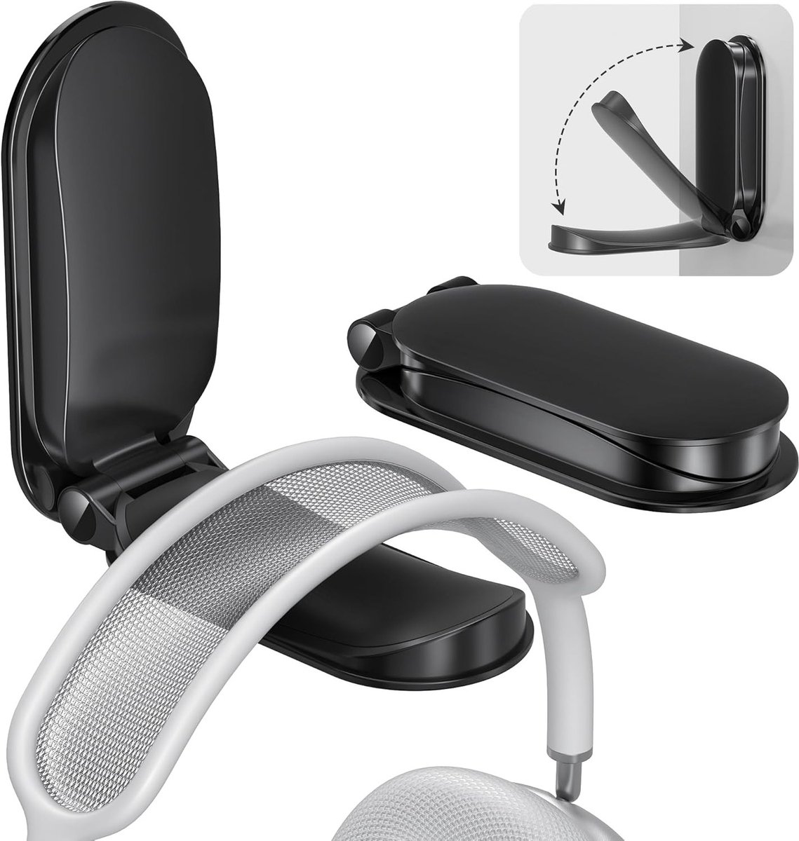 Vouwbare Hoofdtelefoonstandaard, Onder Bureau Geïnstalleerde Hoofdtelefoonhouder, 2 Stuks Zelfklevende Oordopjeshaak, Wandmontage Oordopjesclip voor Gaming en AirPods Max - Zwart