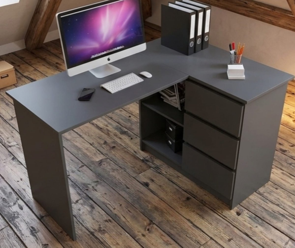 Hoekbureau L-vorm 124x77x48 cm met 3 Laden Rechts en 2 Planken – Modern Grijs Bureau met Opbergruimte, Computerbureau voor Thuiswerkplek en Kantoor – Urbanhome