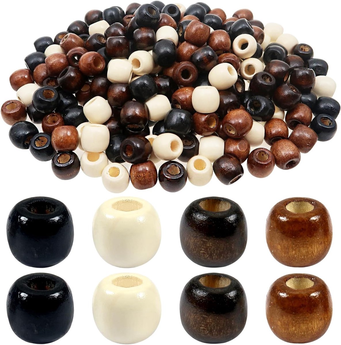 200 Stuks Natuurlijke Houten Kralen met Grote Gat in 4 Kleuren 11 x 12mm voor Macramé, Sieraden en Decoratie Crafts