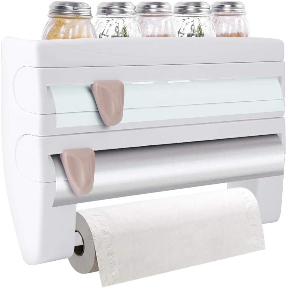 Multifunctionele Keukenrolhouder met Plank, Foliesnijder voor Aluminiumfolie en Vershoudfolie, Organizer voor Keukentools en Keukenaccessoires