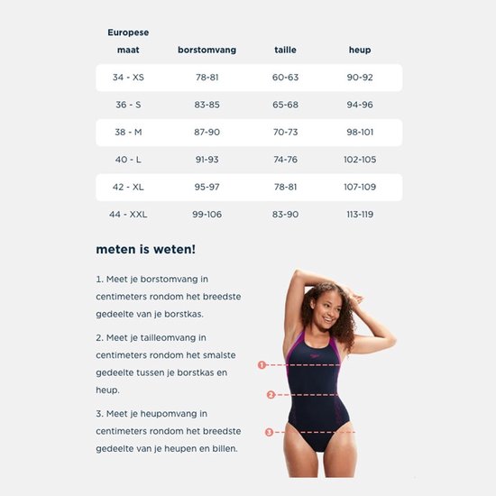 Maattabel voor badpakken met Europese maten, borstomvang, taille en heupomvang. Instructies voor het meten.