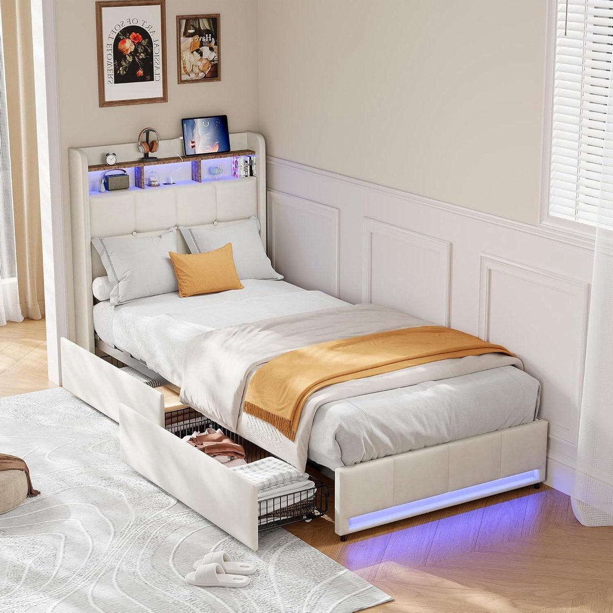 Eenpersoonsbed - Ledikant met laden - Opbergen en opladen - Geïntegreerde USB-poorten - 90x200 cm - Beige