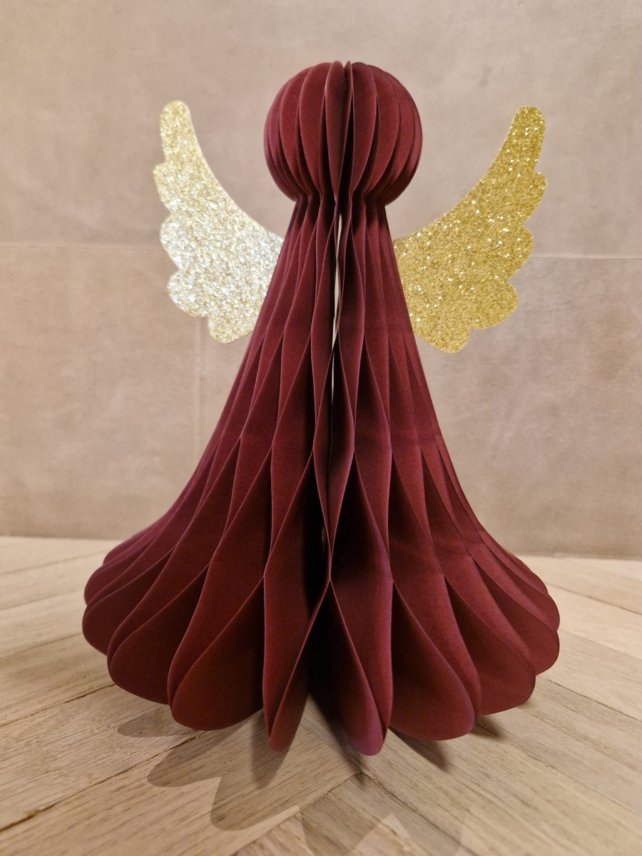 Decoratieve Papieren kerstengel uitvouwbaar met magneet - Bordeaux rood - 24cm