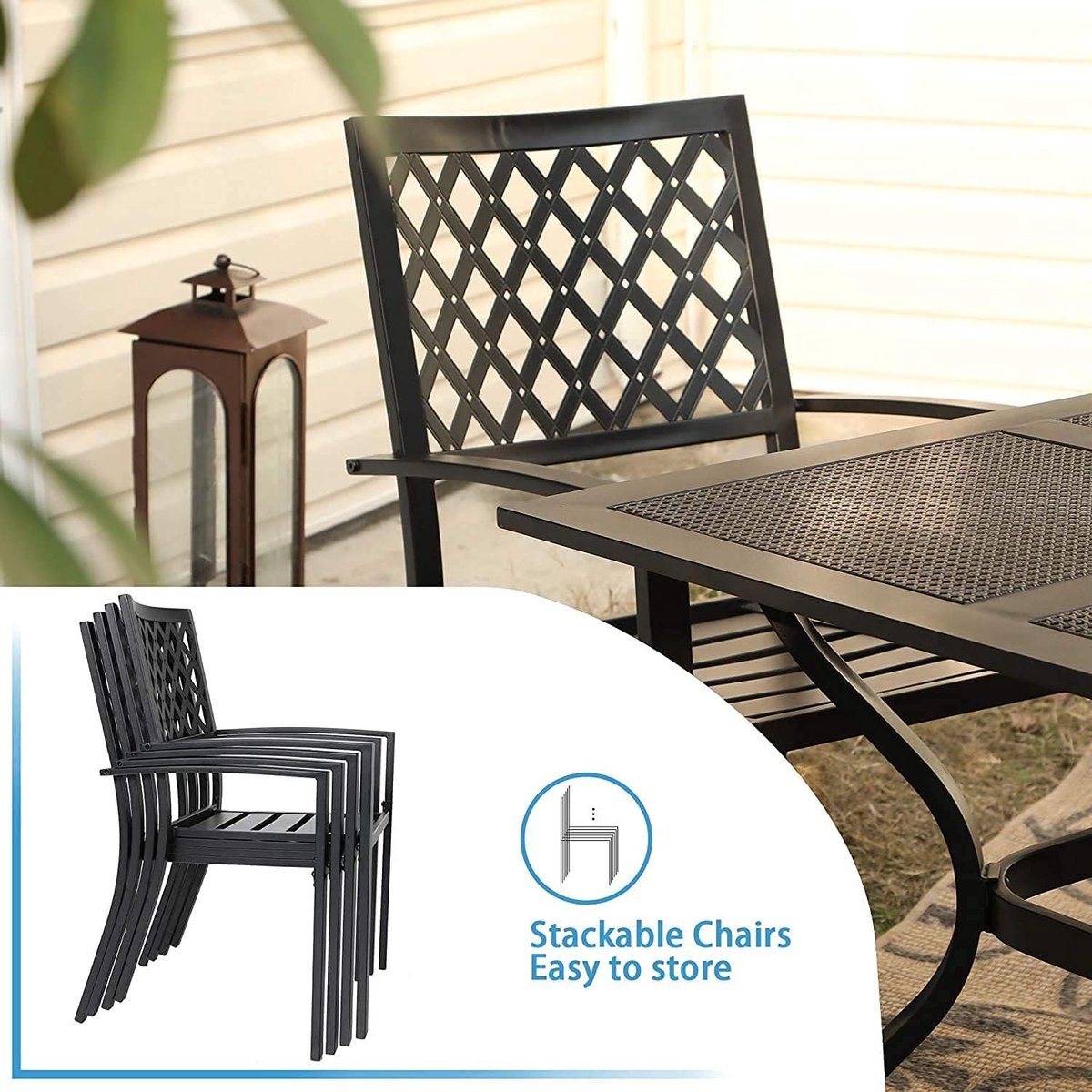 Tuinmeubelset 6 Personen 152x96x72 cm – Stalen Tuinset met 6 Stoelen, Weerbestendig, Parasolgat, Zwarte Dining Set voor Tuin, Terras & Balkon – Nicolehome