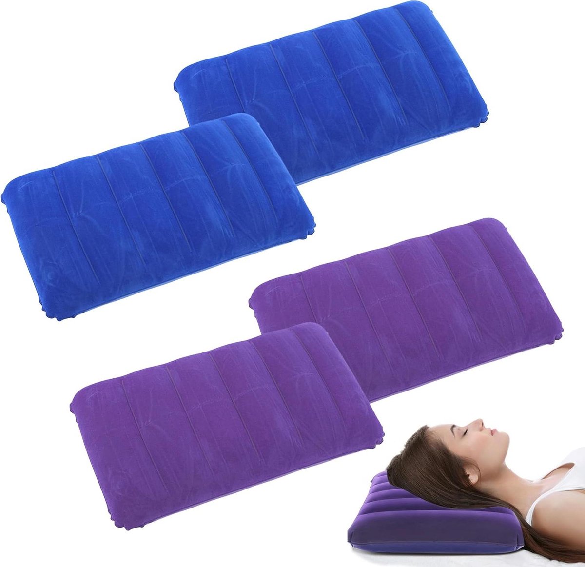 Opblaasbaar Kussen - Luchtkussen Velours - Comfortabel Reizen - Gebogen Neksteun - 47 x 30 cm - Marineblauw Paars