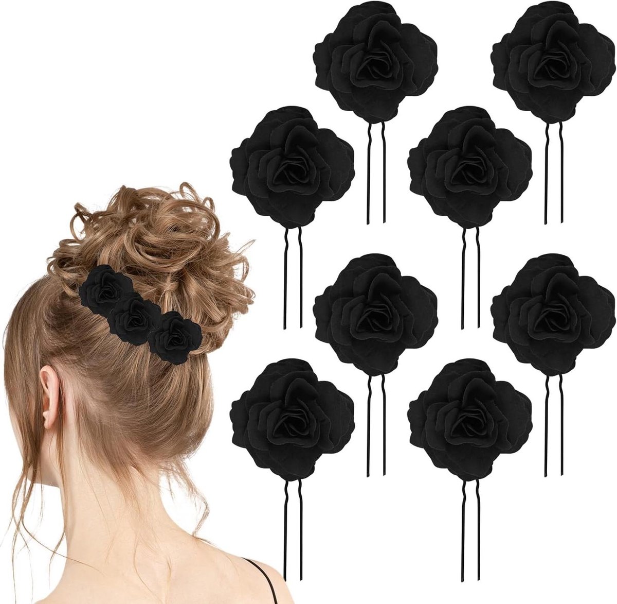 Rozen Haarclips - Bloem Haarspelden - Kapsels Maken - U-Vorm Ontwerp - 8 stuks - Zwart