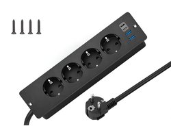 Intelectronics Inbouw Stekkerdoos met USB-C – 8-in-1 Power Hub met 4 Stopcontacten en 4 USB-Poorten – 2 m Kabel – Mat Zwart Luxe Design voor Bureau, Keuken, Vergadertafel of Werkplek – Elegant & Discreet Inbouwmodel