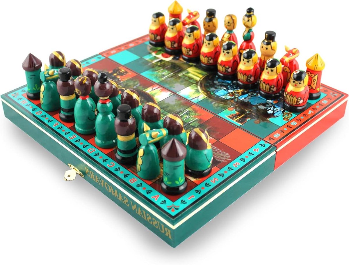 Russisch Samovar Schaken - Houten Schakset - Educatief Spel - Handgeschilderde Stukken - 30x30x6.5cm - Multicolor