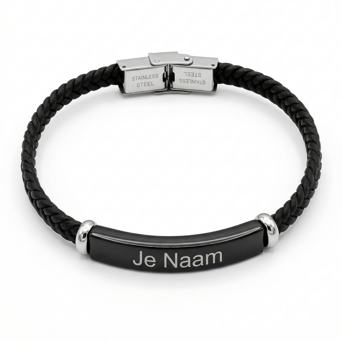 Armband met graveer, Armband met naam, Gepersonaliseerde zwarte gevlochten armband met naamgravure - strak contrast design, Armband met naamplaatje ,graveerarmband