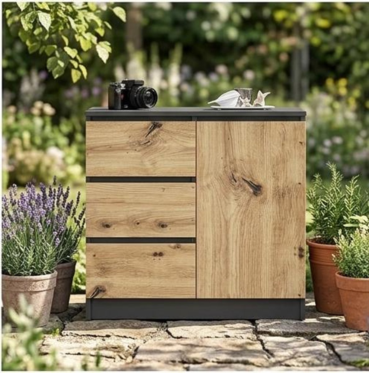 Commode met 3 Laden en Kastdeur 80x35x77 cm – Artisan Eiken Ladekast met Planken en Opbergruimte voor Woonkamer en Slaapkamer – Modern Dressoir – Urbanhome