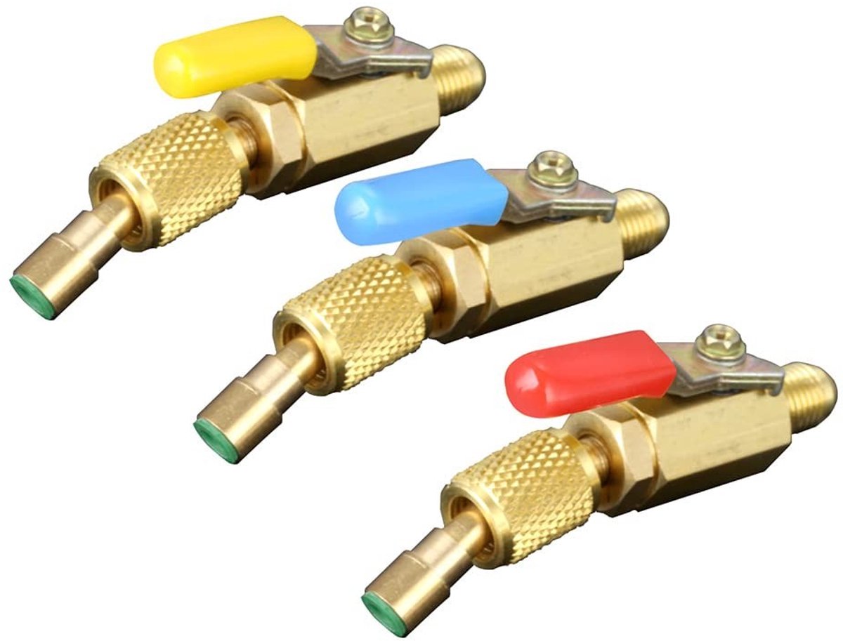 SPHProducts - Kogelkraan - Compacte 45° gebogen - Messing - 7/16 inch aansluiting - Voor R134a R410A R22 R12 - 3 poorten