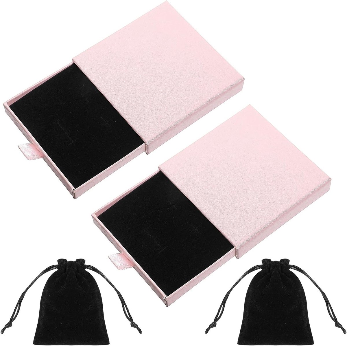 Set van 2 kleine sieradenboxen van 9 x 9 cm met 2 fluwelen zakjes - Perfecte cadeaubox voor sieraden, armbanden en accessoires (Roze)