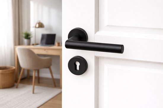 Slotman Solutions Deurklink Set Zwart | Rond Rozet | PZ55 Cilindergat | RVS Deurbeslag | Deurkrukken voor Binnen- en Buitendeur