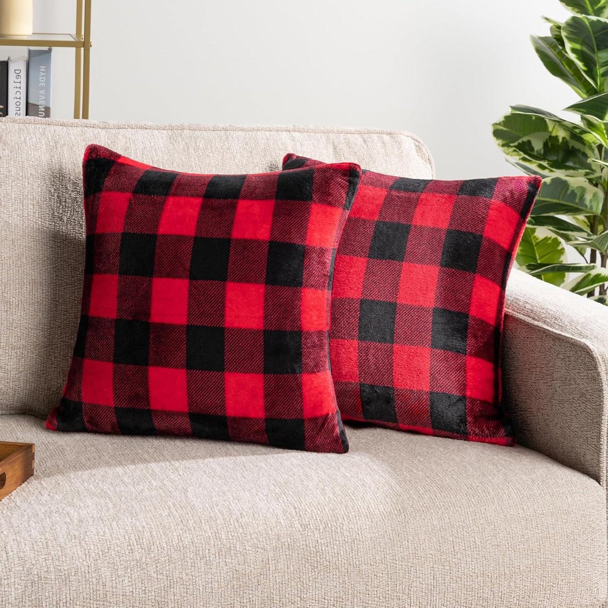 Plaid Sierkussens - Kussenhoezen Vierkant - Bank Decoratie - Zachte Fluwelen Fleece - 20 x 20 cm - Rood Zwart