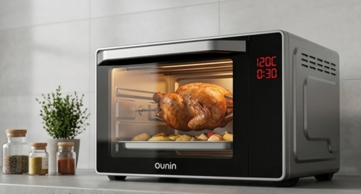 OUNIN 24L Stoombakoven 9-in-1 Vrijstaand – Airfryer Oven met Stoomfunctie, LED Display, Hetelucht, Bakken, Grillen, Drogen & Fermenteren, RVS – Zwart (Energieklasse A+)