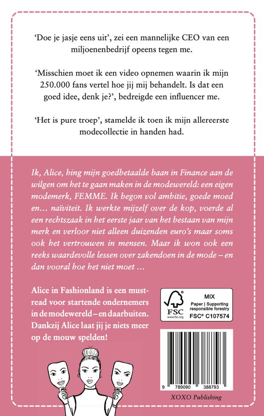 Achterkant van een boek met tekst over Alice's ervaringen in de modewereld en een afbeelding van drie vrouwen met verschillende gezichtsuitdrukkingen.