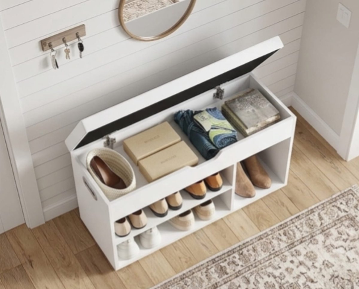 Schoenenbank 80x30x44 cm met Zitkussen en Opbergruimte – Schoenenrek met 3 Vakken en Opbergvak – Halbank / Zitbank voor Entree en Woonkamer – Modern Wit – Urbanhome