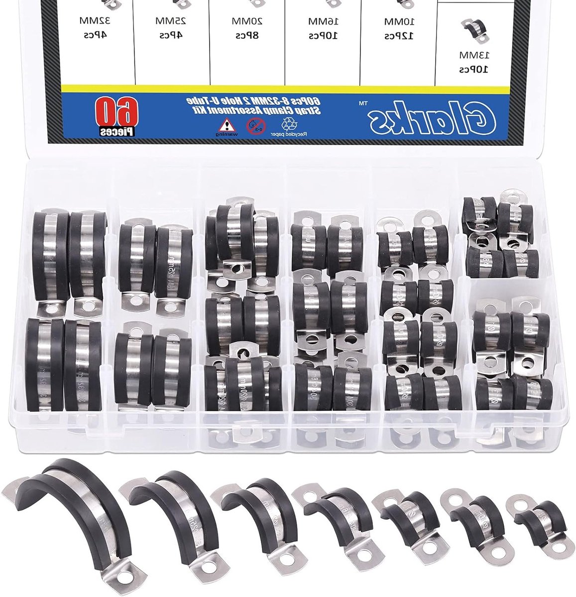 2-Hole U Tube Klem Set 60 stuks voor 8-32mm RVS met Rubber Pads - Rigid Tube Bevestiging en Assortiment Klemmen voor Buizen en Banden