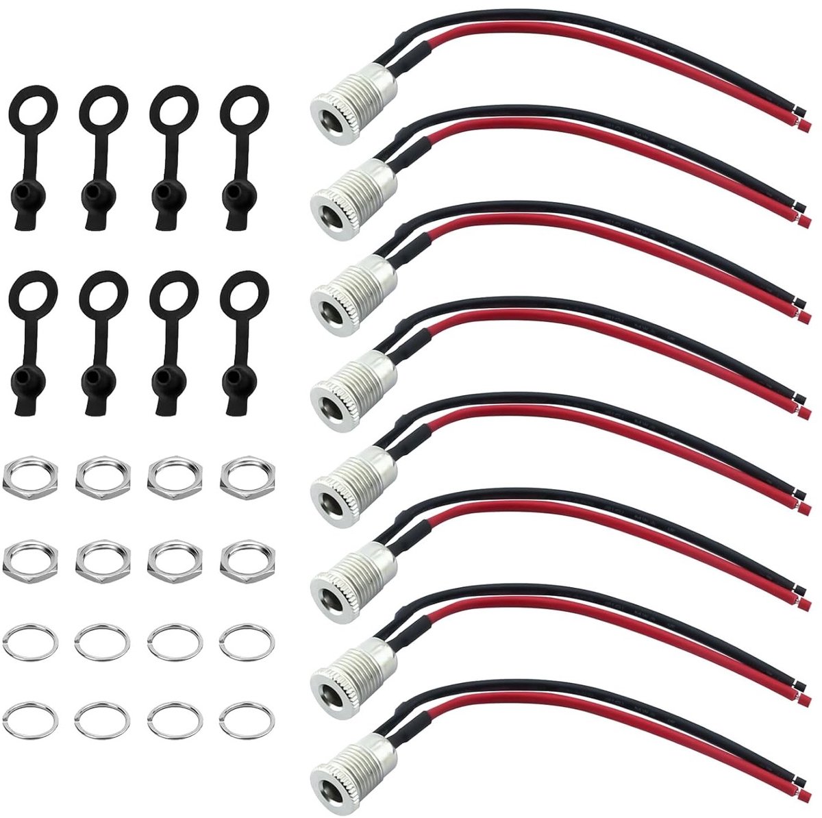 Set van 8 Holle Stekkers 5.5 x 2.1 mm voor 12 V 10 A - Ideaal voor DIY Projecten, Inclusief Rubber Beschermkappen en Bevestigingsmateriaal