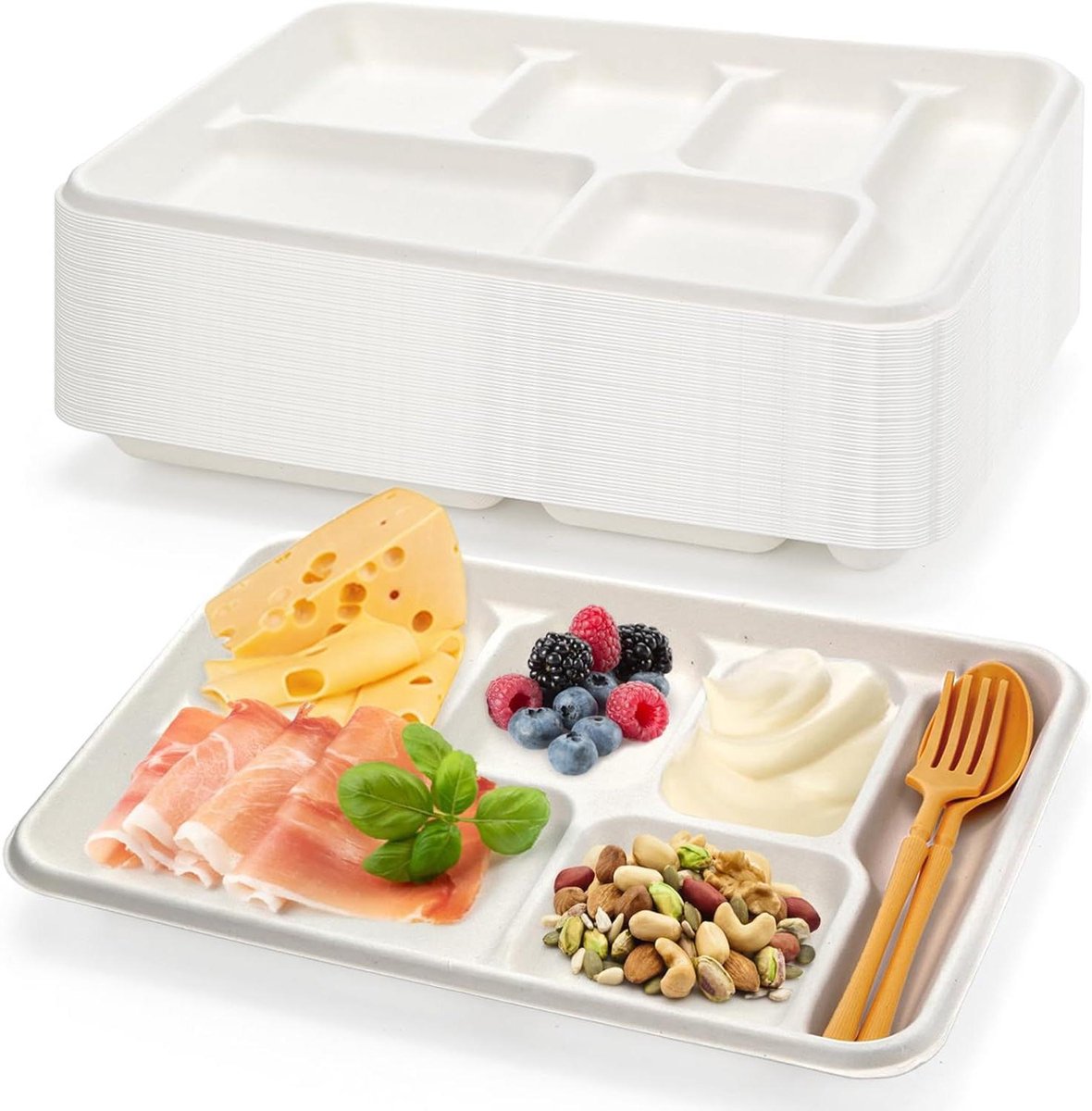 Wegwerp Borden - Lunch Trays - Feestjes en Evenementen - 6 Compartimenten - 32 cm - Wit