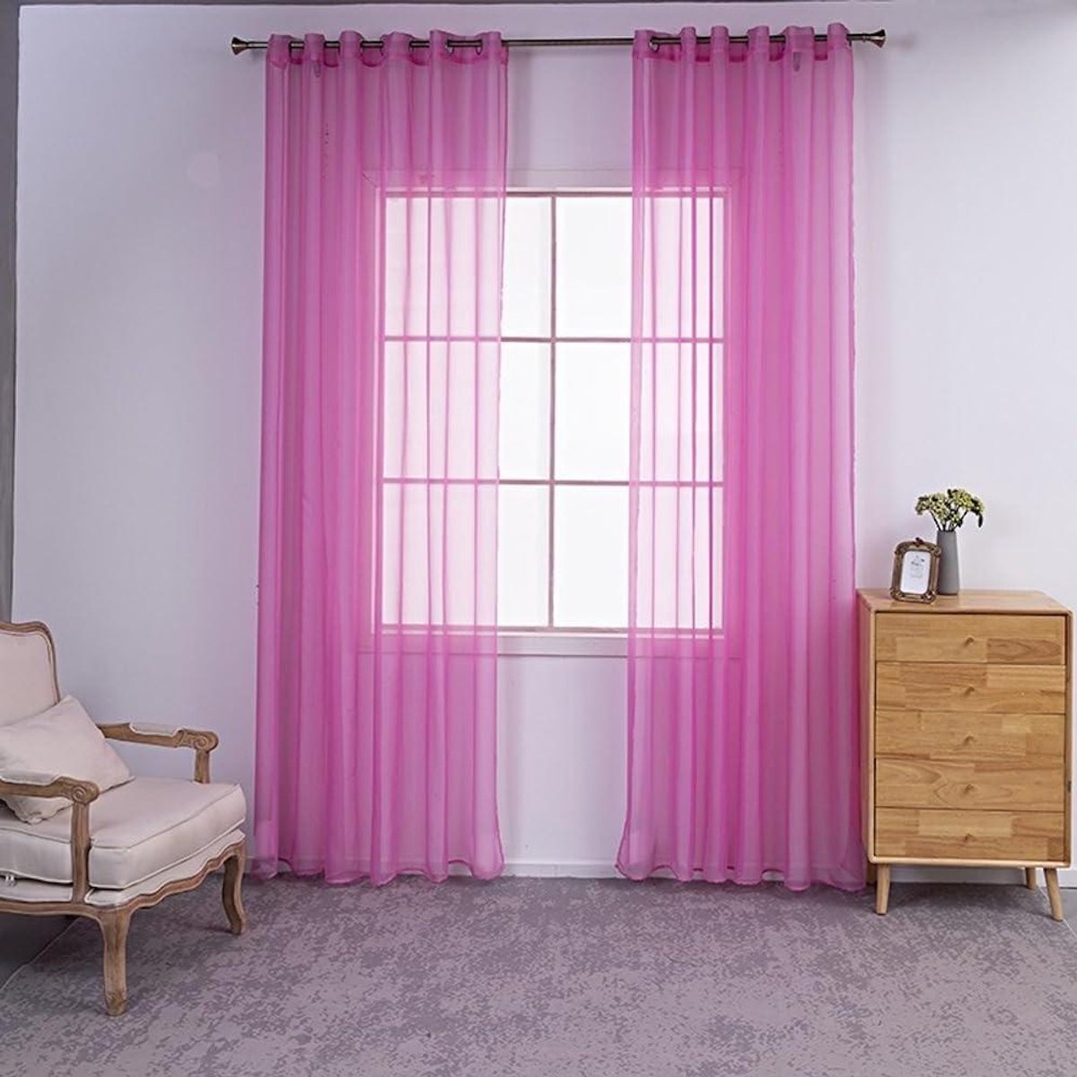 Transparante Gordijnen - Vitrage Voile - Woonkamer Decoratie - Met Inslagringen - 100 x 250 cm - Donkerroze
