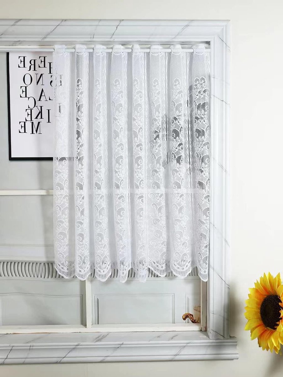 Vitrage Gordijn - Keukengordijn Raambekleding - Keuken Inrichten - Rankenpatroon Landhuisstijl - 200 x 60 cm - Wit