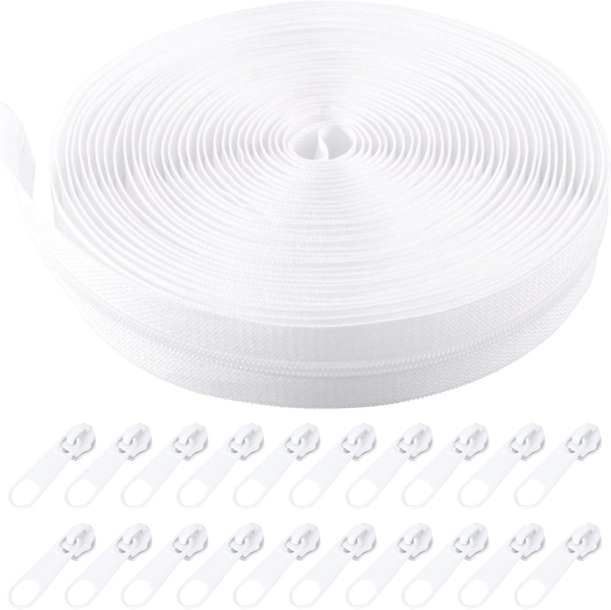 Volledige lengte witte ritsen van 12 meter met 30 metalen sliders voor naaien, stoffen en kleding (breedte: 25 mm)