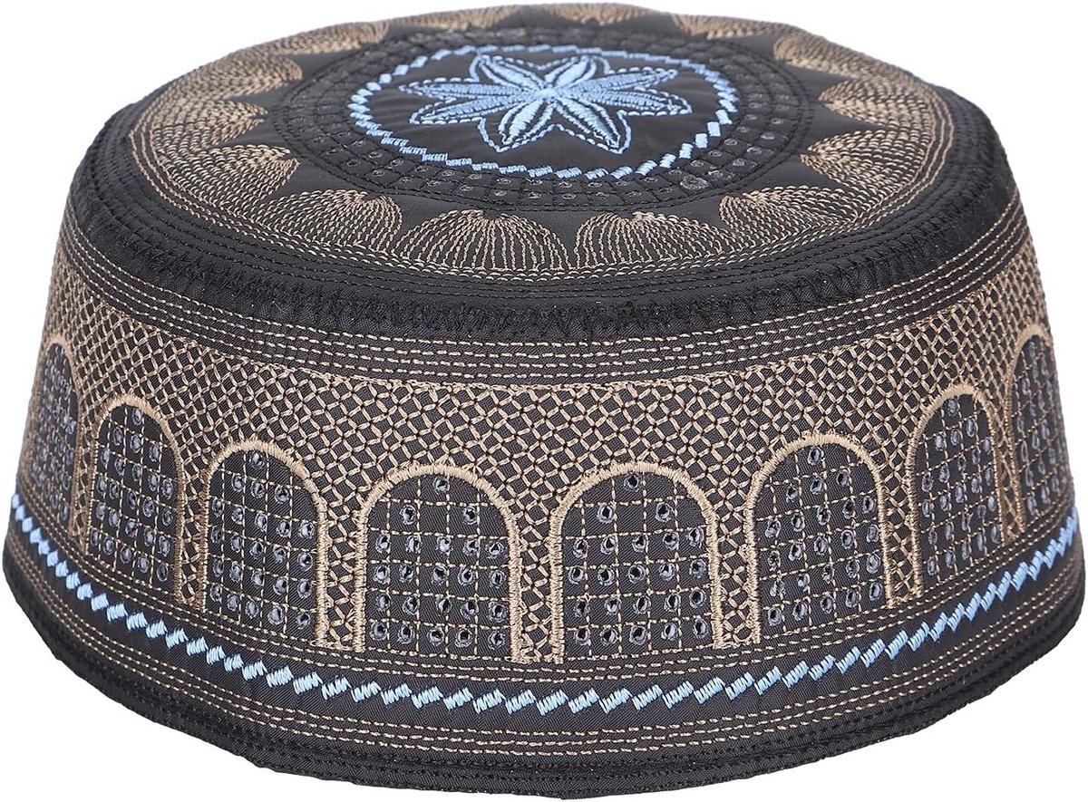 Zwarte Geborduurde Kufi Hoed voor Mannen van Katoen, Ademend Ontwerp voor Ramadan en Eid, Lichtgewicht en Comfortabel voor Dagelijks Gebruik en Reizen