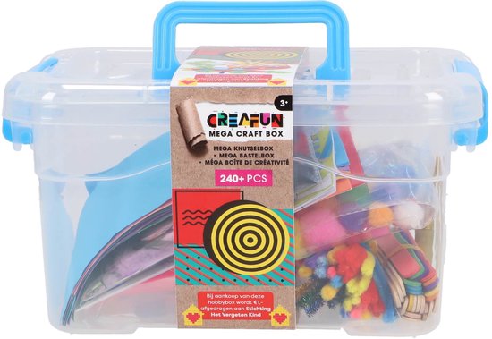Transparante knutselbox met blauwe handgreep, met daarin knutselmateriaal en 'Creafun Mega Craft Box 240+ pcs' label.