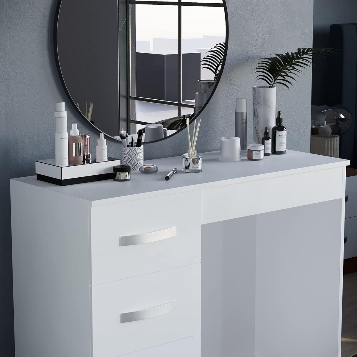 Kaptafel met lades 93x38x79 cm – moderne make-up tafel met 3 lades hoogglans wit – dressing table met opbergruimte voor slaapkamer – Urbanhome