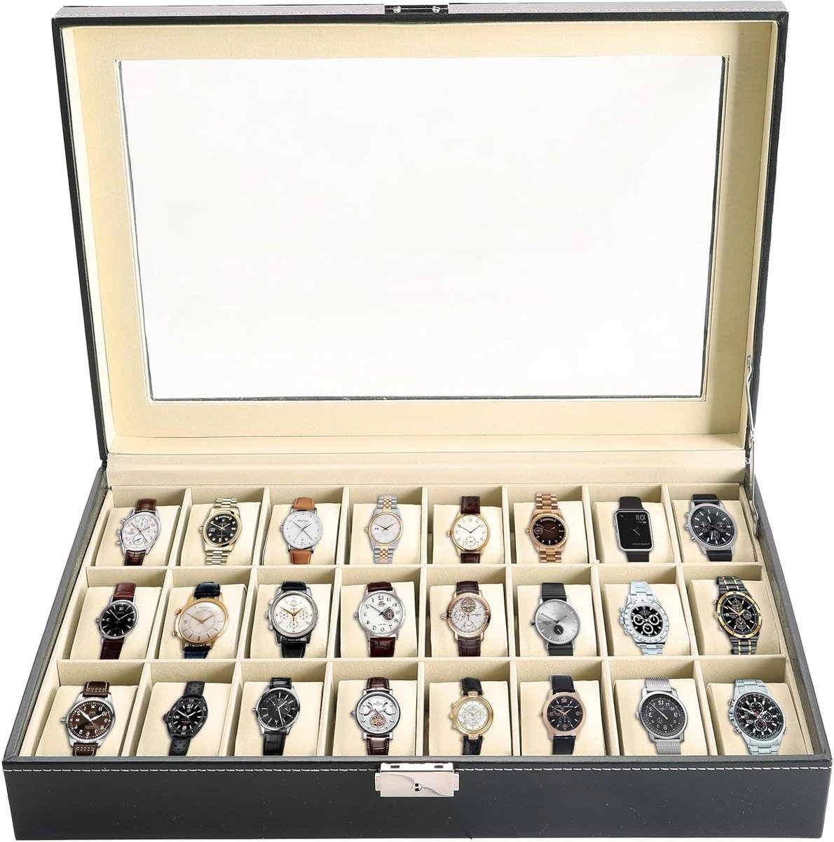 Horloge Doos Organizer - Sieraden Display - Horloges Opbergen - 24 Zachte Kussens - 43 x 29 x 8.5 cm