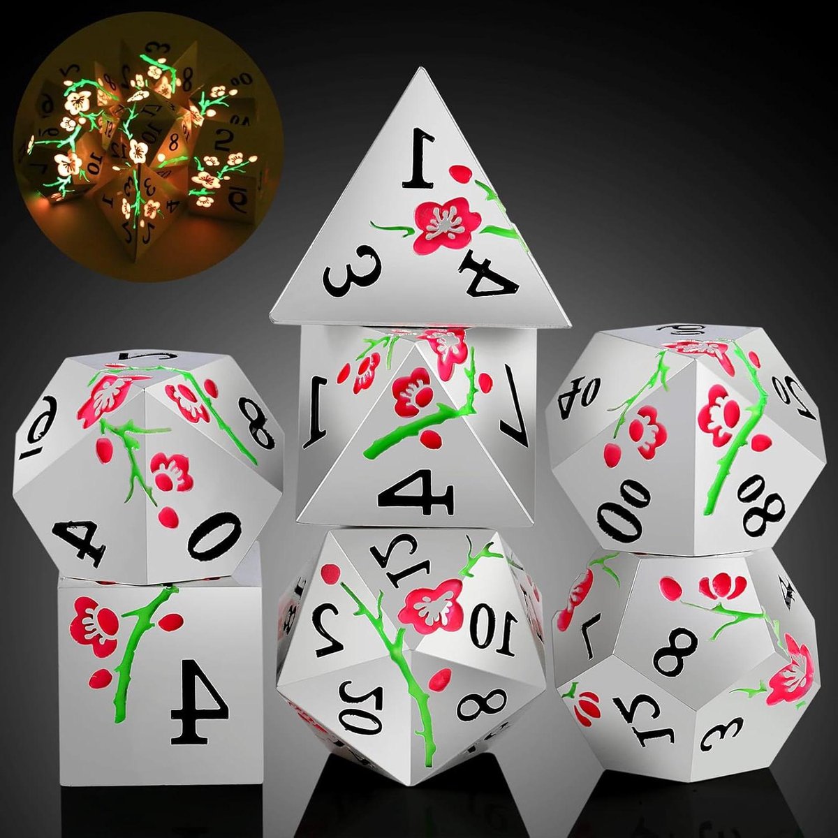 Metalen DND dobbelstenen - RPG dobbelstenen - Tafelspel spelen - Glow in the Dark - 7 stuks - Roze